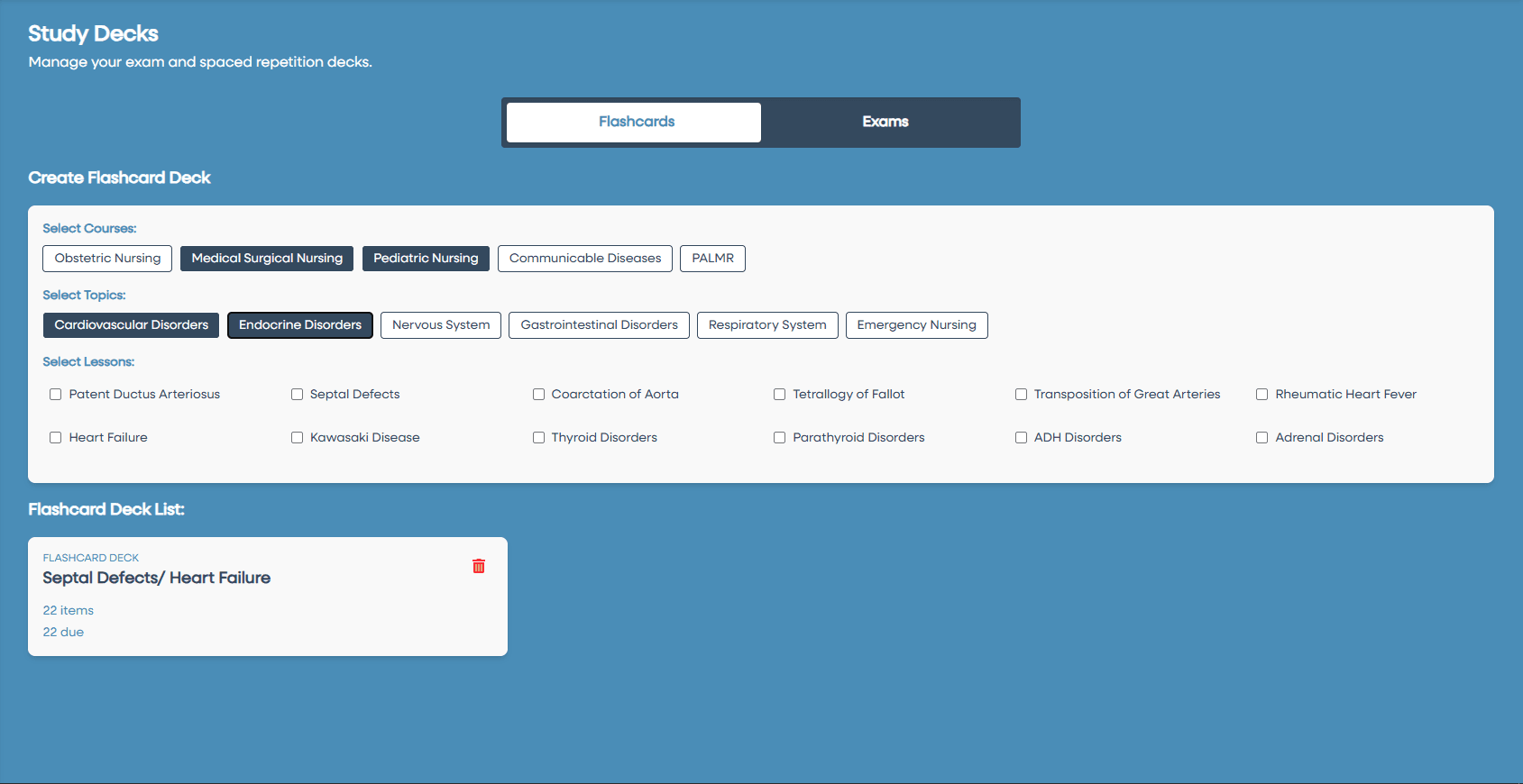Stellar Review PNLE spaced repetition flashcard and exam builder preview